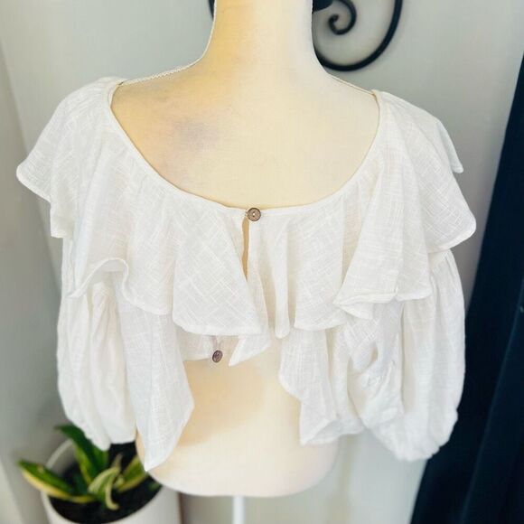 FREE PEOPLE Zuri Ruffle Blouse, Cut Out Back, Summer Boho, Ivory, Small 4/6, NWT - Picture 5 of 16
